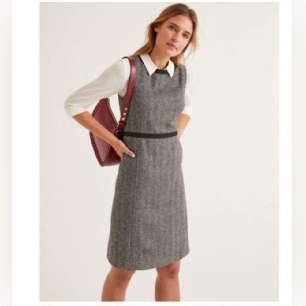 Boden Carrie Heritage British Tweed Gray Herringbone Wool Shift Dress Sz 6R